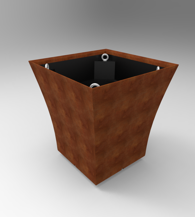 Pot Vogue Carré finition corten : Dimensions 1000x1000xht1029 mm avec contre-bac 100% recyclé