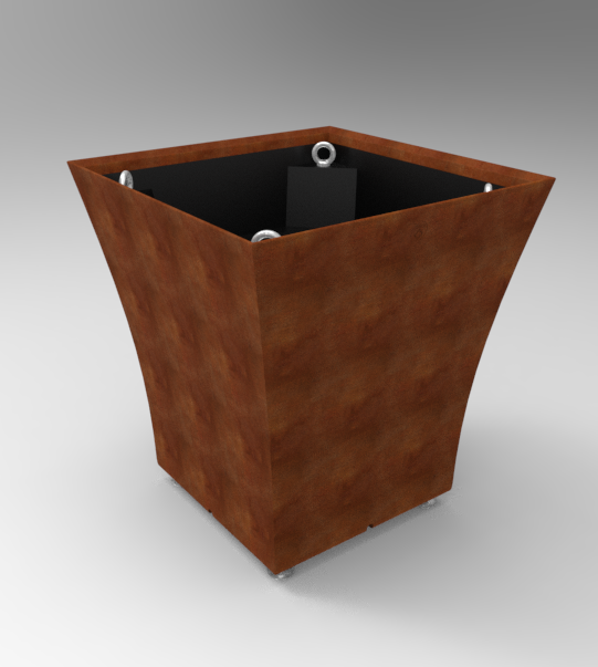 Pot Vogue Carré finition corten : Dimensions 800xht790 mm  avec contre bac 100% recyclé, pieds réglables et châssis de manutention finition Corten - Livré monté